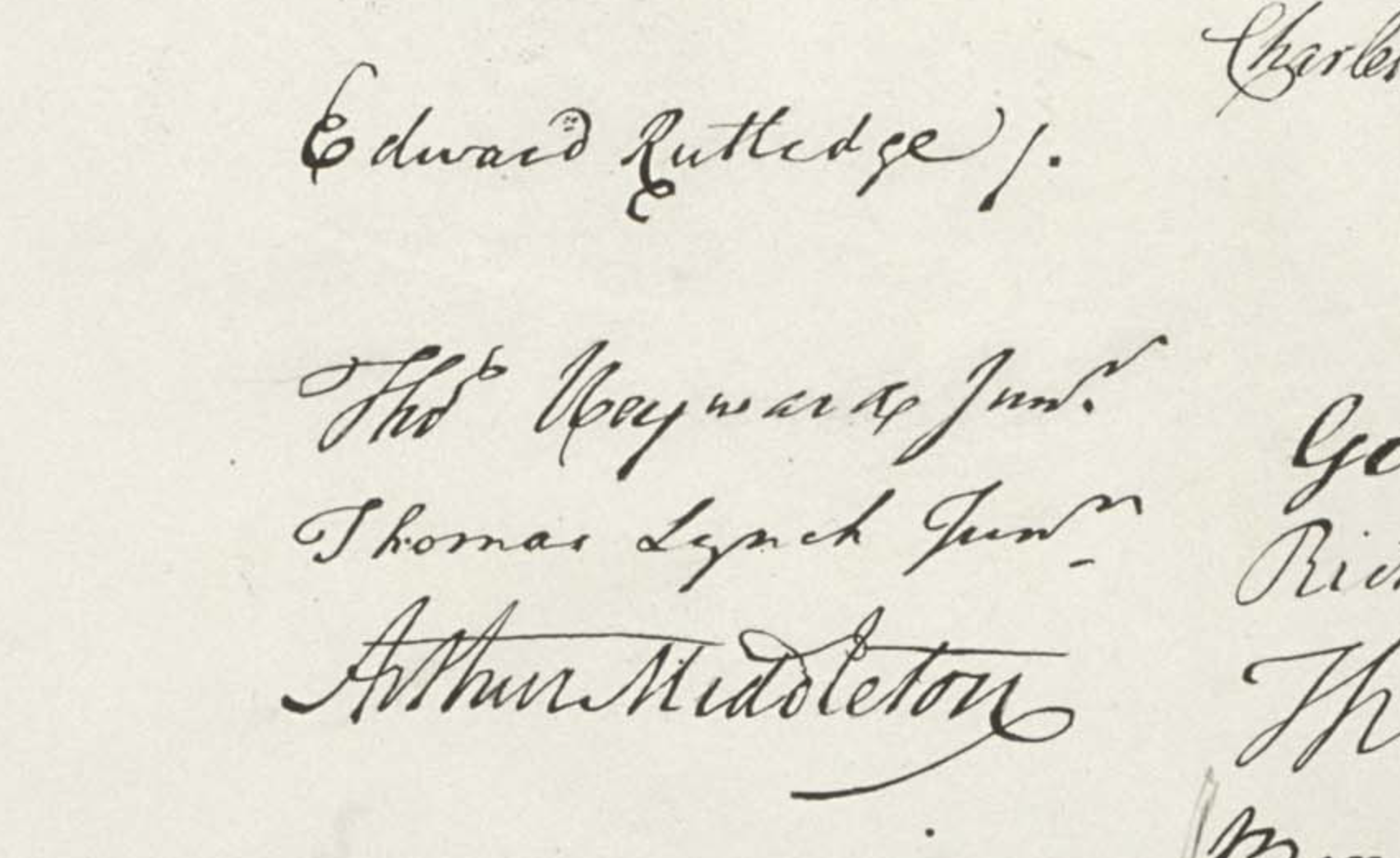 View of the four signatures on the Declaration of Independence from the South Carolina delegates - Edward Rutledge, Thomas Heyward Jr., Thomas Lynch Jr., and Arthur Middleton.